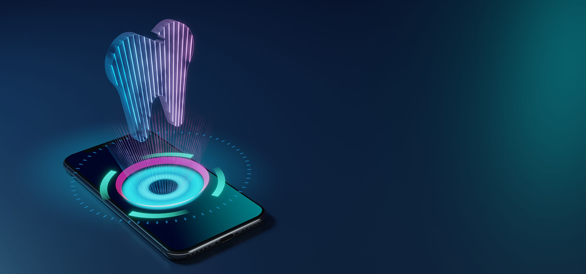 3D rendering smartphone with display emitting neon violet pink blue holographic symbol of tooth icon on dark background with blurred reflection